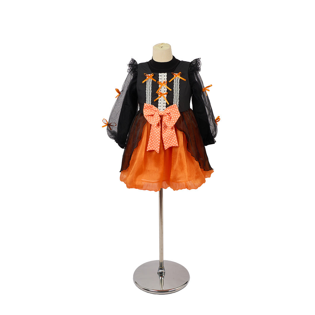 Kate Halloween Vollmond Schwarz-orangefarbenes Kinderkleid mit Zaubererhut - Kate Backdrop.de