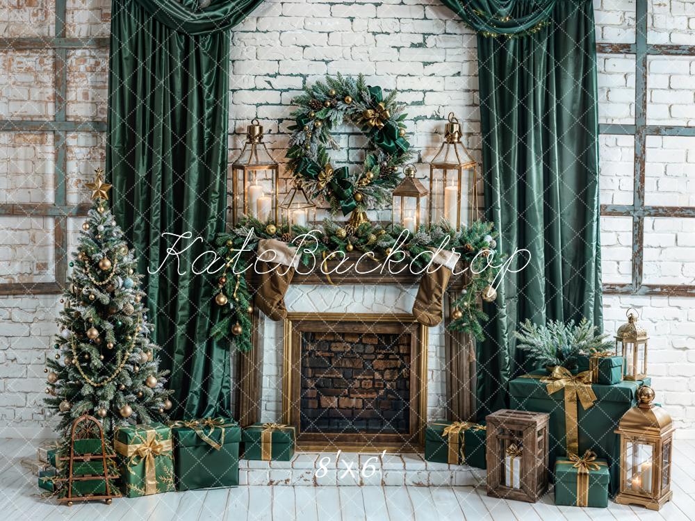 Kate Weihnachten Kamin Weihnachtsbaum Geschenke Grün Hintergrund Entworfen von Emetselch