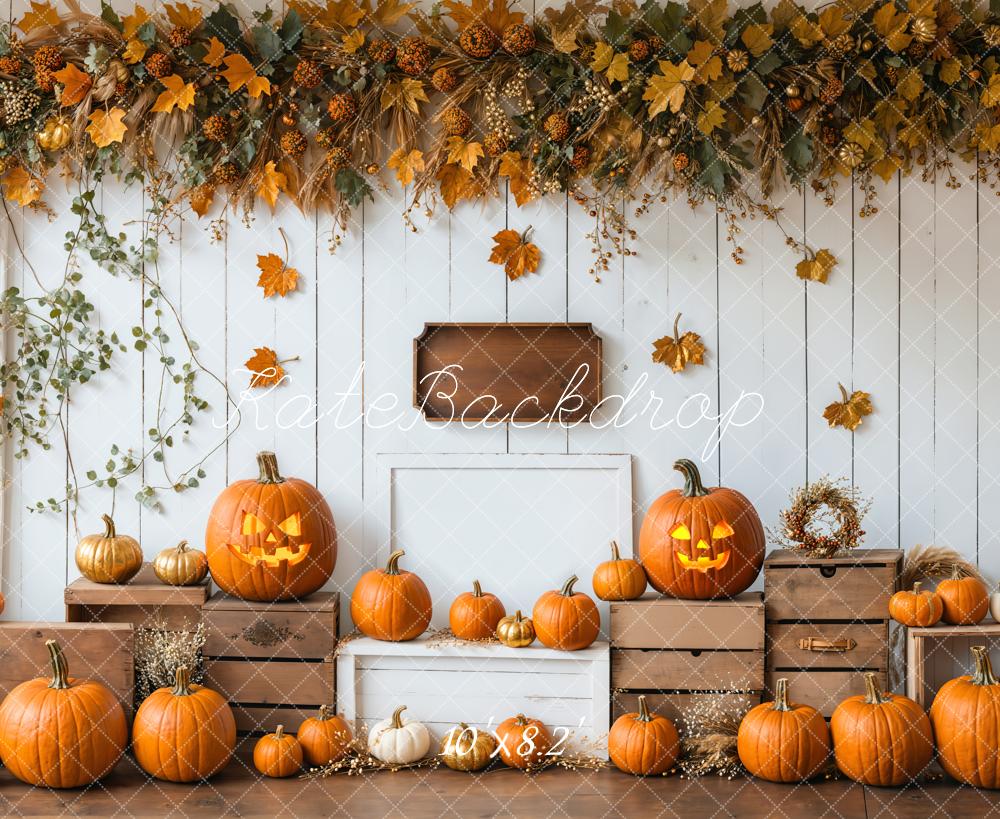 Kate Halloween Kürbisse Herbstlaub Rustikal Hintergrund Entworfen von Emetselch