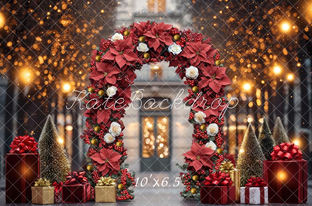 Kate Weihnachten Blumenbogen Geschenke Goldlicht Hintergrund Entworfen von Mini MakeBelieve - Kate Backdrop.de