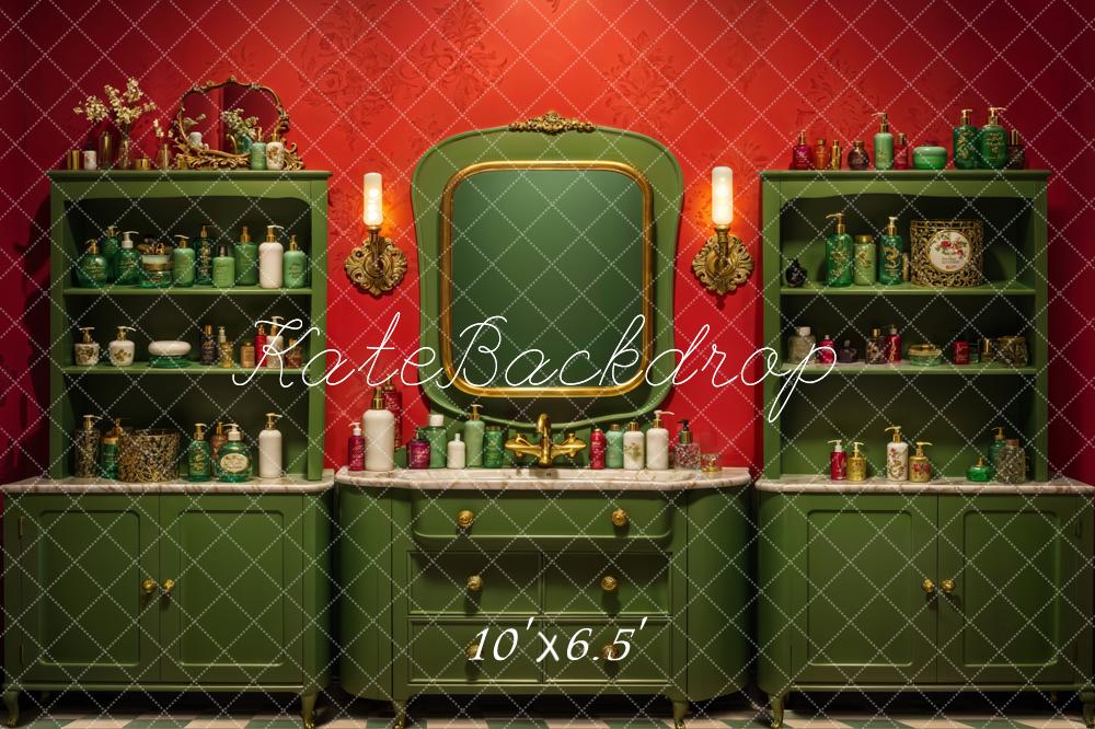 Kate Vintage Badezimmer Schränke Spiegel Rot Hintergrund Entworfen von Emetselch - Kate Backdrop.de