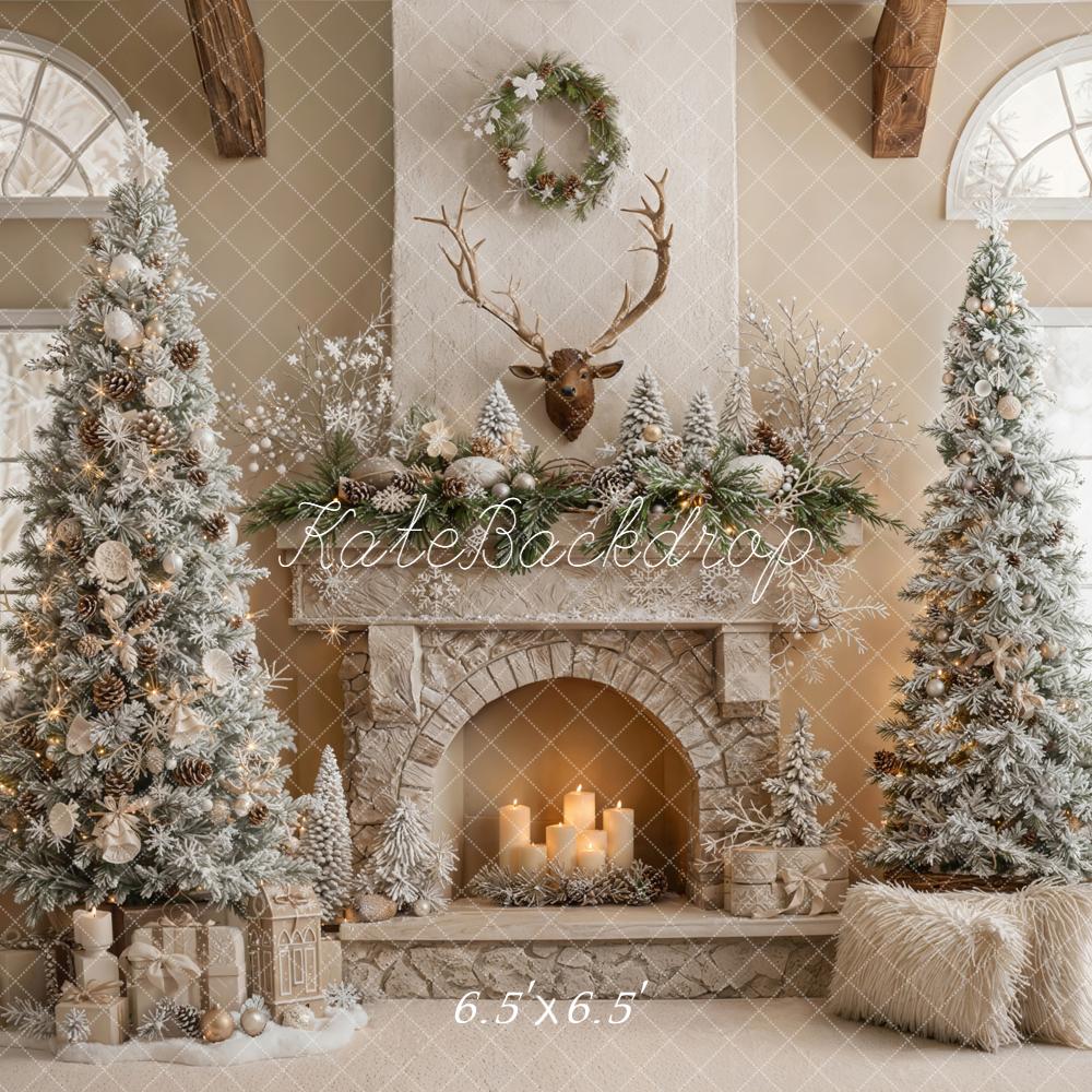 Kate Weihnachten Kamin Tannenbaum Beige Hintergrund Entworfen von Emetselch - Kate Backdrop.de