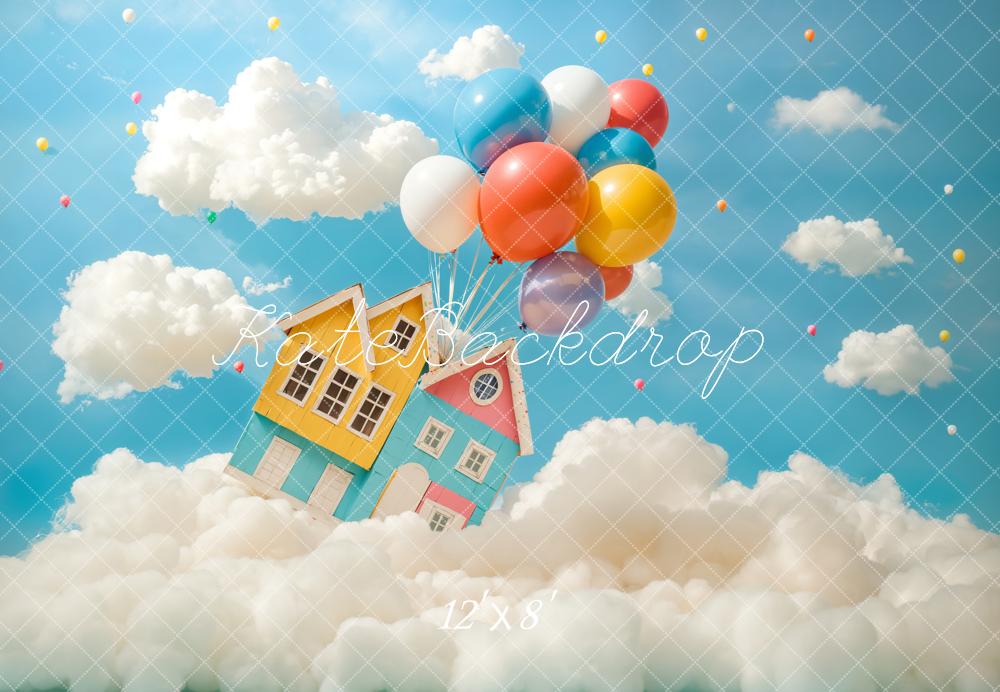 Kate Cartoon Haus Ballons Wolken Blau Fleece Hintergrund Entworfen von Chain - Kate Backdrop.de