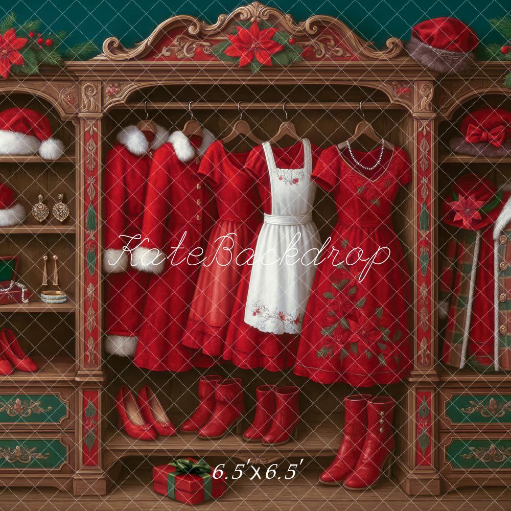 Kate Weihnachten Schrank Rote Kleidung Vintage Hintergrund Entworfen von Mini MakeBelieve - Kate Backdrop.de