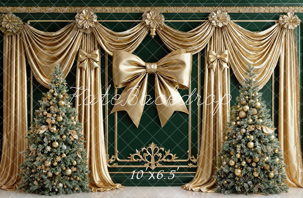 Kate Weihnachten Goldene Vorhänge Schleife Tannenbaum Fleece Hintergrund Entworfen von Emetselch - Kate Backdrop.de