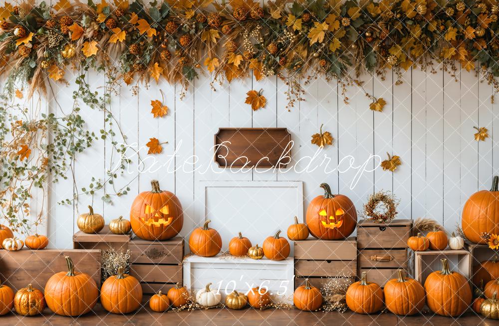 Kate Halloween Kürbisse Herbstlaub Rustikal Hintergrund Entworfen von Emetselch