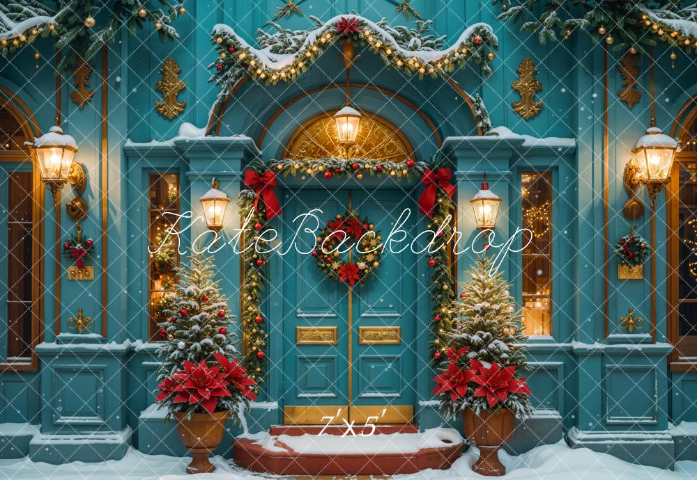 Kate Weihnachten Blaue Tür Kranz Schnee Hintergrund Entworfen von Emetselch - Kate Backdrop.de