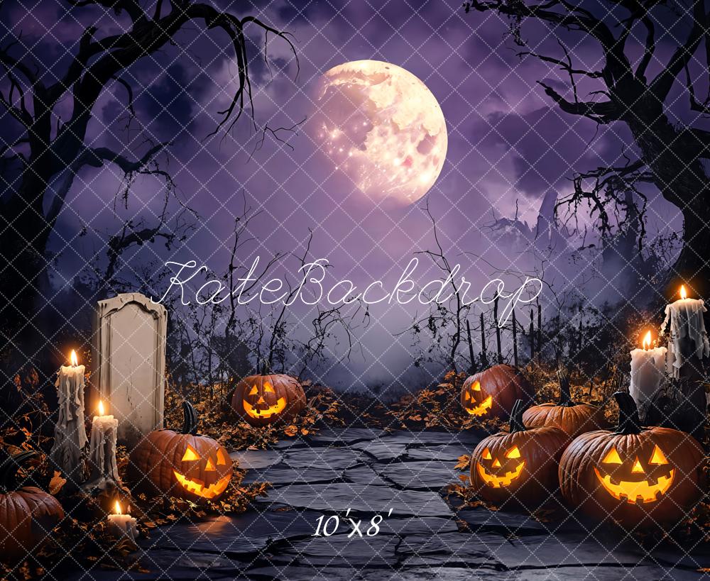 Kate Halloween Kürbisse Grabstein Vollmond Fleece Hintergrund Entworfen von Emetselch - Kate Backdrop.de