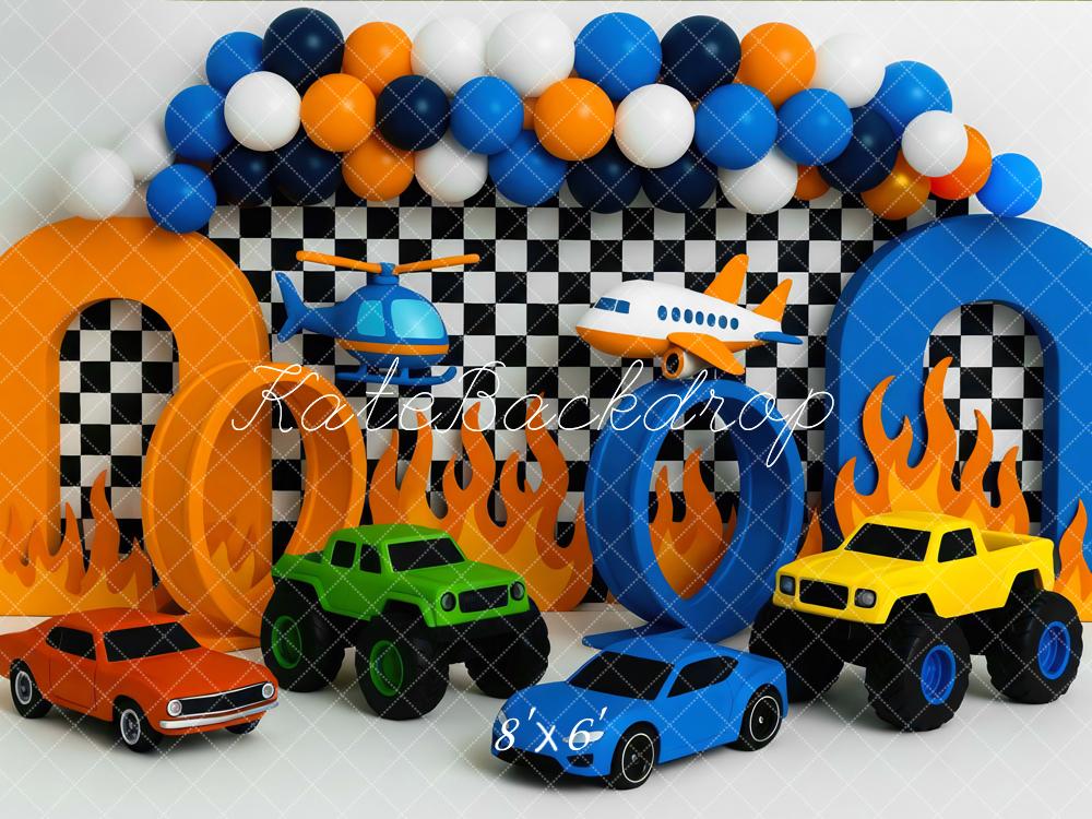 Kate Rennen Autos Flammen Schachbrett Hintergrund Entworfen von Mini MakeBelieve - Kate Backdrop.de