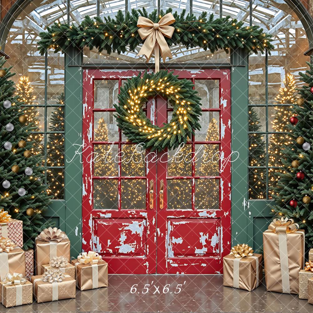 Kate Weihnachten Rote Tür Tannen Vintage Hintergrund Entworfen von Mini MakeBelieve - Kate Backdrop.de