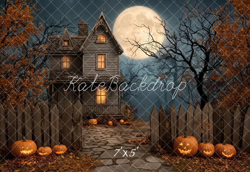 Kate Halloween Spukhaus Kürbisse Vollmond Hintergrund Entworfen von Emetselch - Kate Backdrop.de