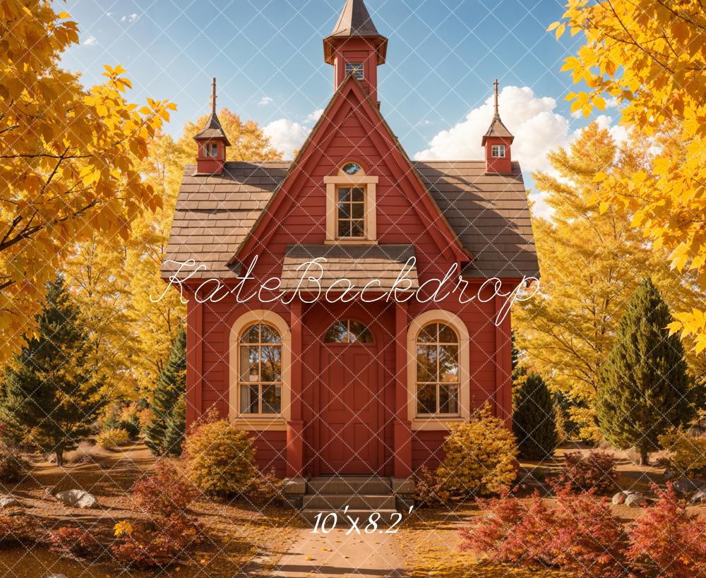 Kate Herbst Rotes Haus Goldene Blätter Hintergrund Entworfen von Emetselch - Kate Backdrop.de