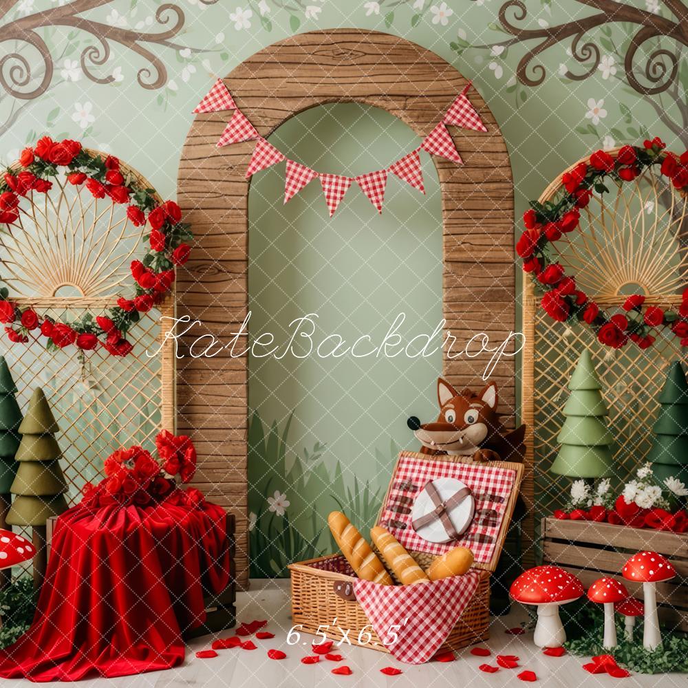 Kate Märchenwald Wolf Picknick Rot Hintergrund Entworfen von Patty Roberts - Kate Backdrop.de