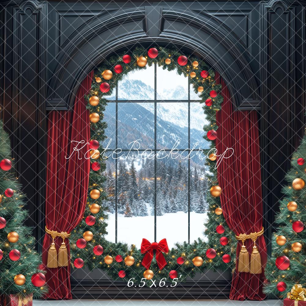 Kate Weihnachten Fenster Tannenbaum Rot Gold Hintergrund Entworfen von Mini MakeBelieve - Kate Backdrop.de