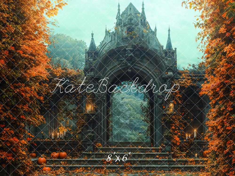 Kate Halloween Schloss Tor Herbstlaub Fleece Hintergrund Entworfen von Emetselch - Kate Backdrop.de