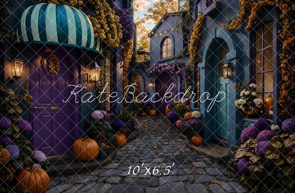 Kate Halloween Gasse Kürbisse Blumen Fleece Hintergrund Entworfen von Emetselch - Kate Backdrop.de