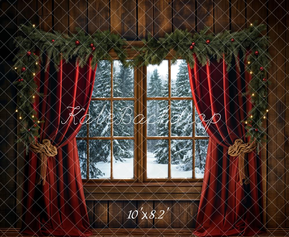 Kate Weihnachten Fenster Rote Vorhänge Tannenzweige Fleece Hintergrund Entworfen von Emetselch - Kate Backdrop.de