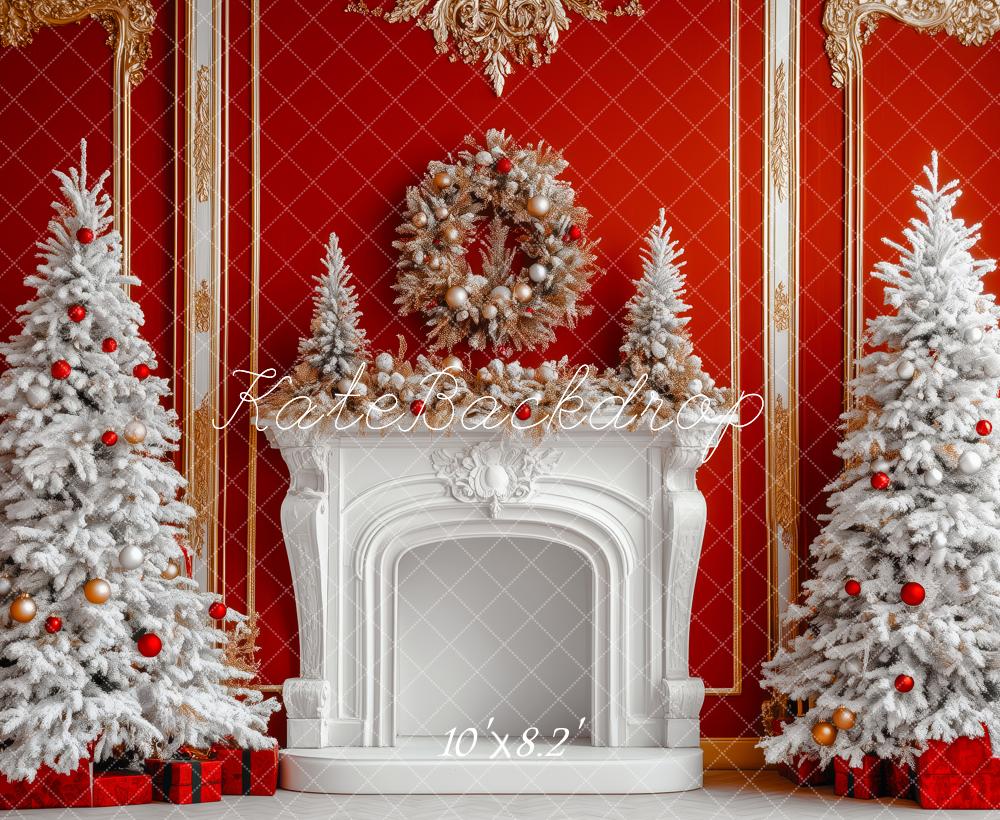 Kate Weihnachten Kamin Schneebäume Rot Hintergrund Entworfen von Patty Roberts