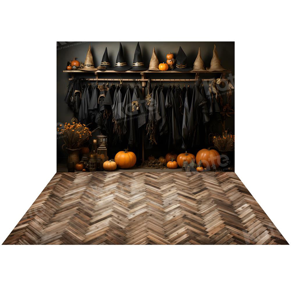Kate Halloween-Kleider Hintergrund+Braune Holzboden Hintergrund für Fotografie