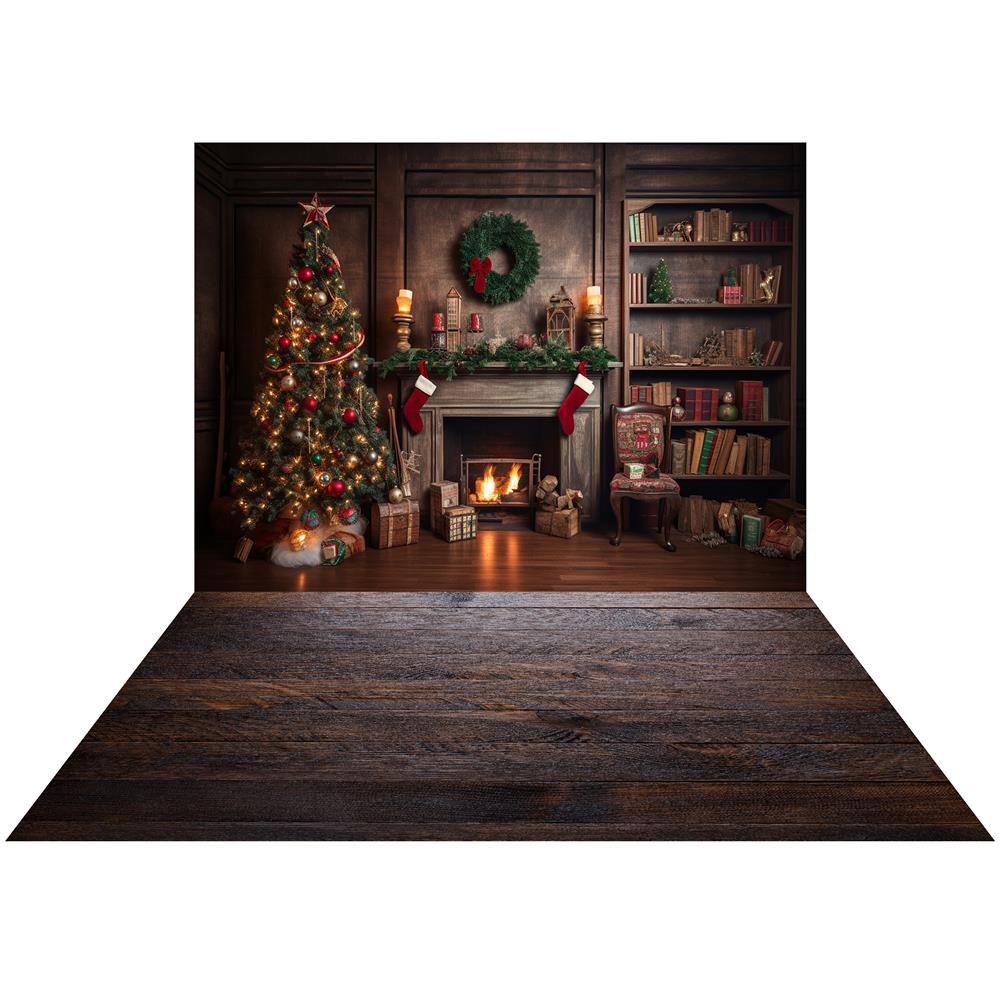 Kate Weihnachten Kamin Hintergrund+Dark Wood Barn Gummibodenmatte