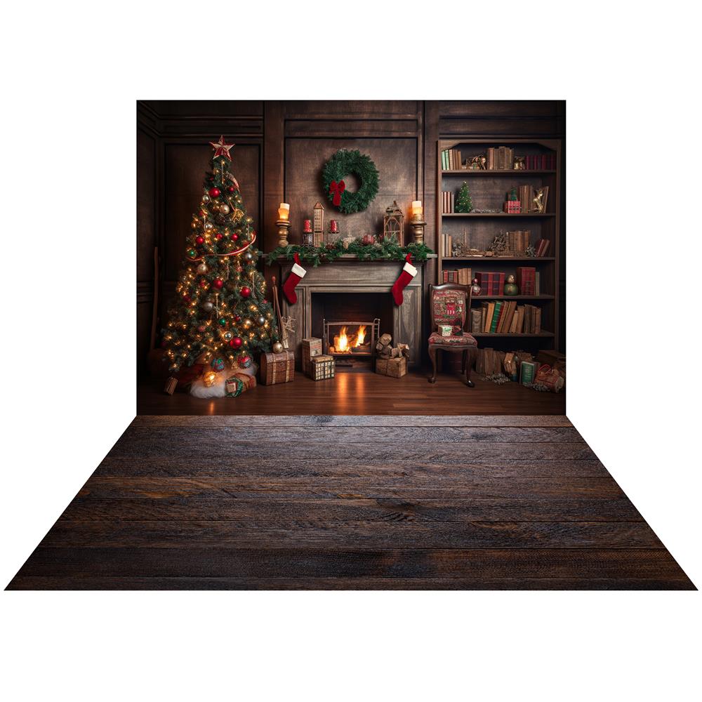 Kate Weihnachten Kamin Hintergrund+Dark Wood Barn Gummibodenmatte - Kate Backdrop.de
