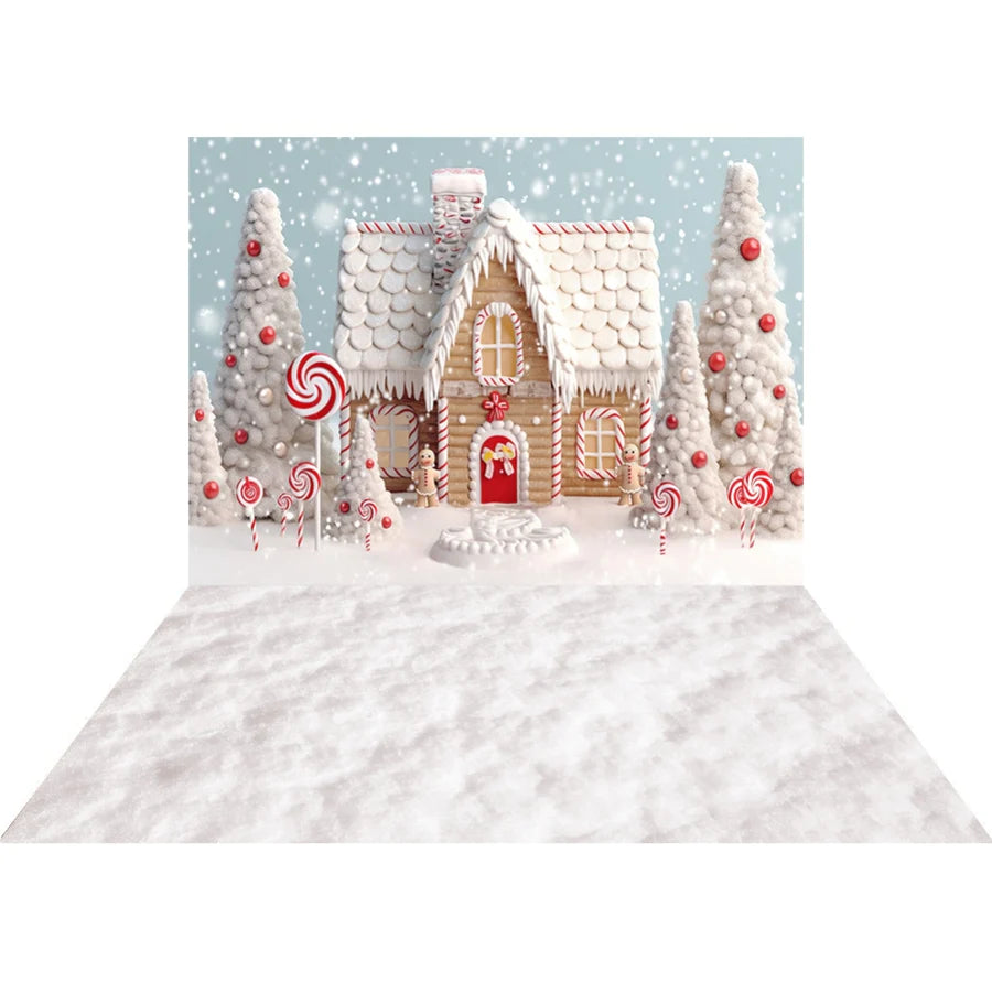Kate Weihnachten Süßigkeiten Hintergrund Schnee Haus+Weißer Winter Schnee Boden Hintergrund für Fotografie
