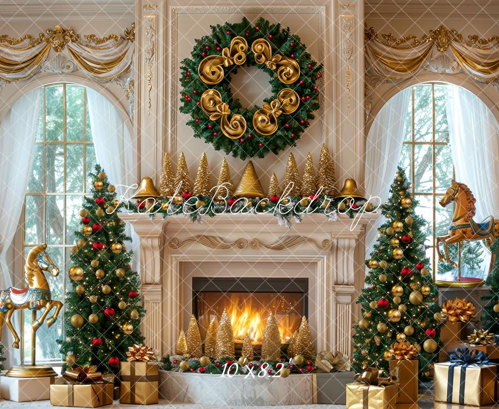 Kate Weihnachten Kamin Tannenbäume Gold Hintergrund Entworfen von Mini MakeBelieve - Kate Backdrop.de