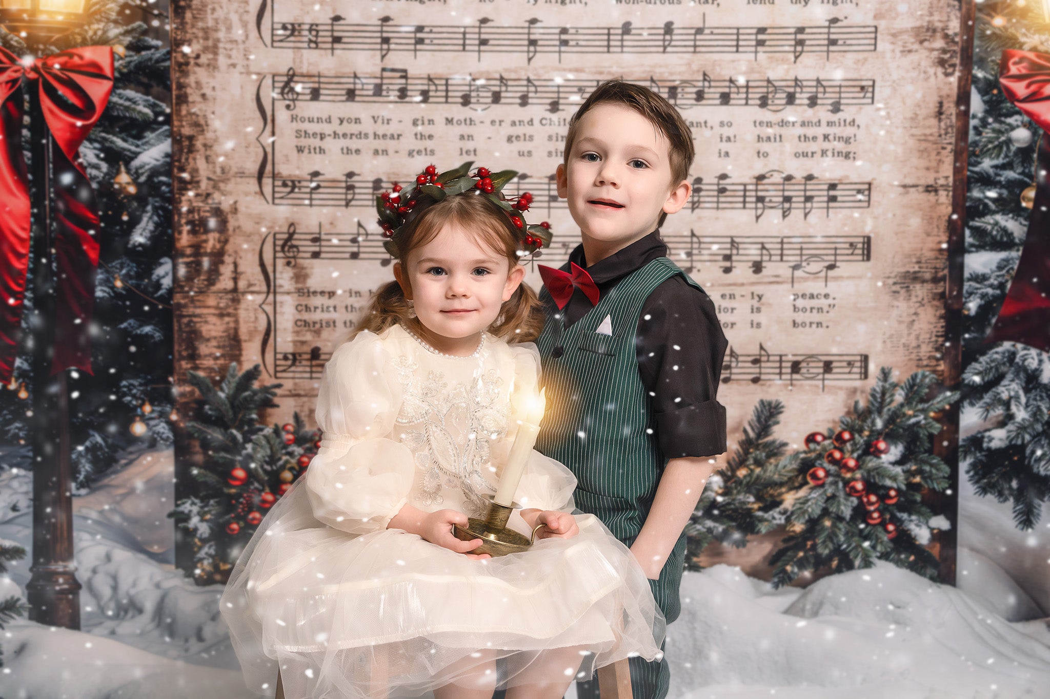 Kate Weihnachten Notenblatt Tannen Schnee Hintergrund Entworfen von Emetselch - Kate Backdrop.de