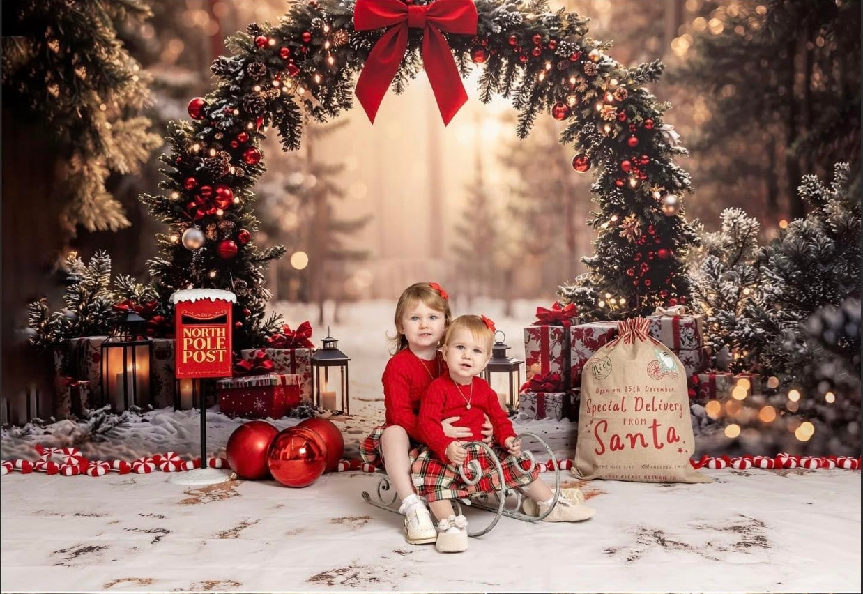 Kate Weihnachten Bogen Wald Sunlit Geschenke Hintergrund entworfen von Emetselch