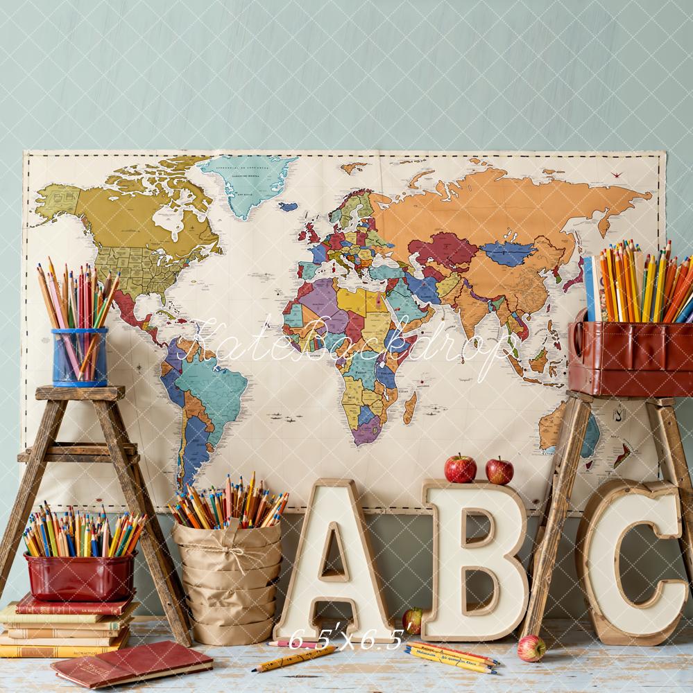 Kate Zurück Zur Schule Weltkarte ABC Buchstaben Vintage Hintergrund Entworfen von Emetselch - Kate Backdrop.de