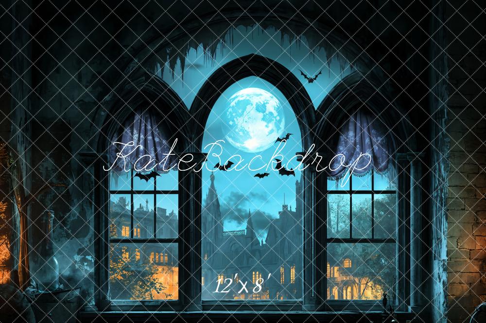 Kate Halloween Fenster Mond Fledermäuse Blau Fleece Hintergrund Entworfen von Emetselch
