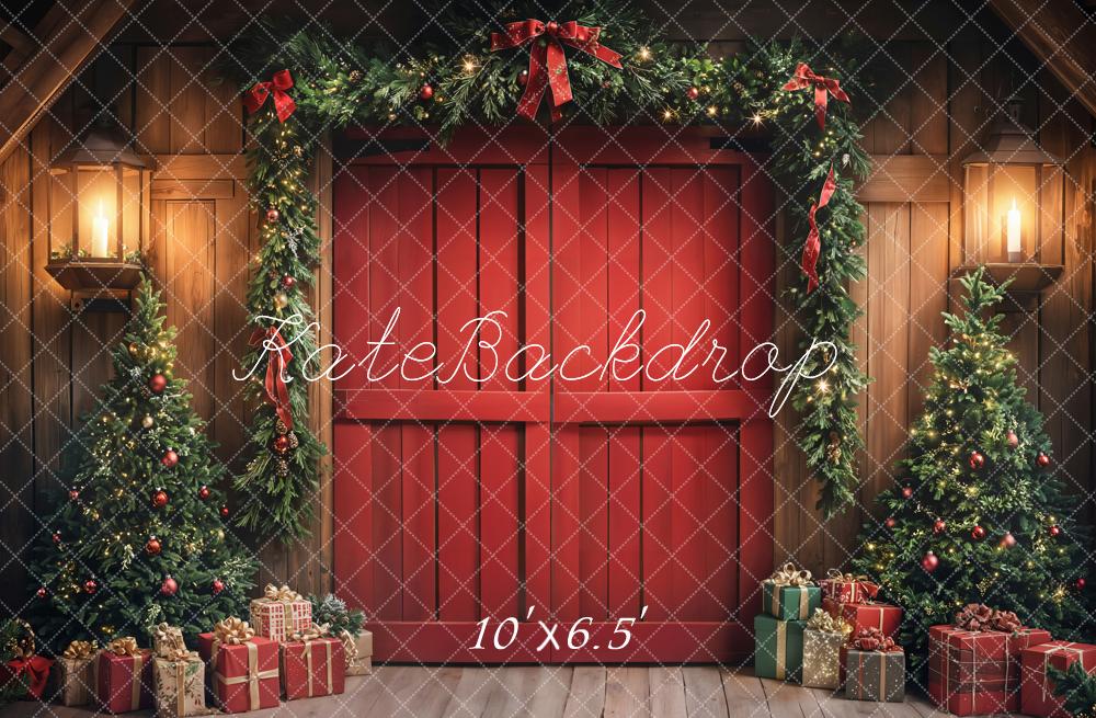 Kate Weihnachten Rote Tür Girlande Holz Fleece Hintergrund Entworfen von Emetselch - Kate Backdrop.de