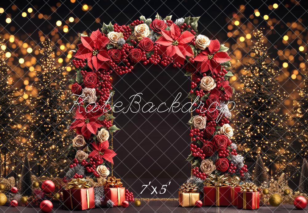 Kate Weihnachten Blumenbogen Geschenke Lichter Hintergrund Entworfen von Mini MakeBelieve - Kate Backdrop.de
