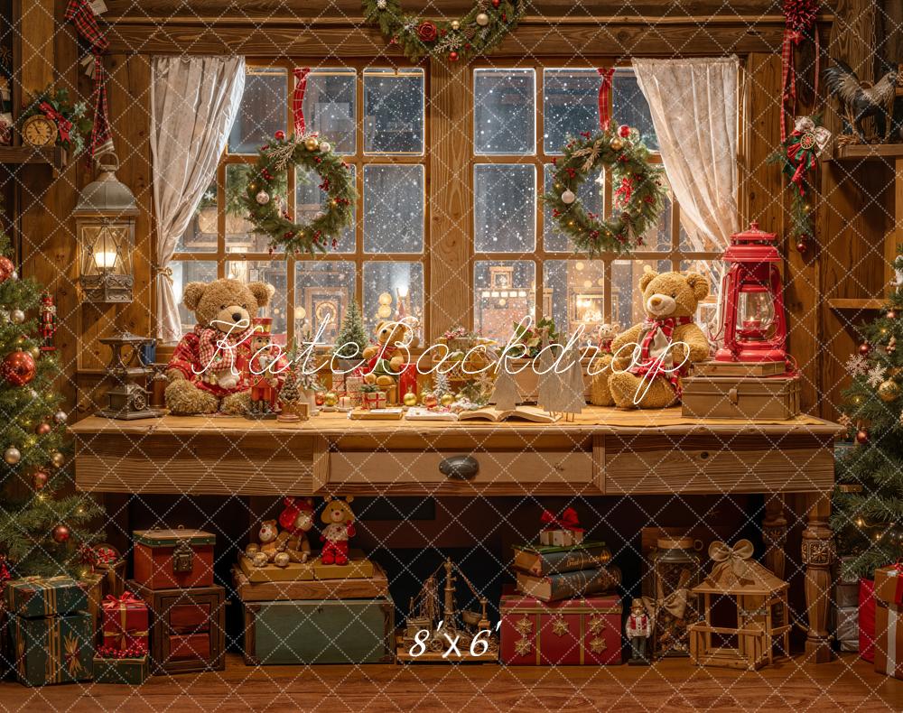 Kate Weihnachten Fenster Teddybär Holz Fleece Hintergrund Entworfen von Emetselch - Kate Backdrop.de