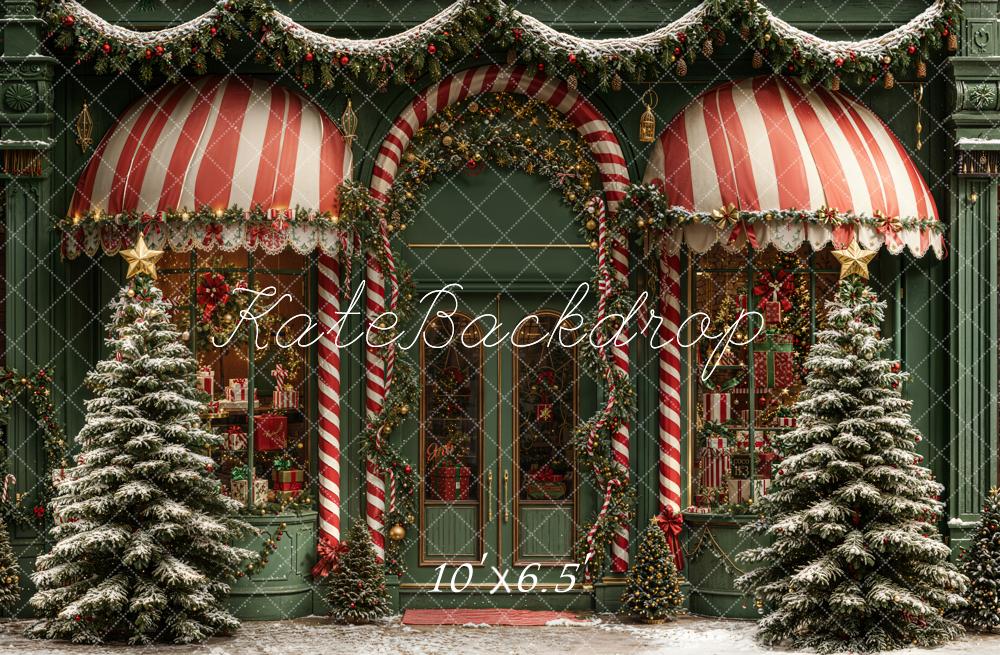 Kate Weihnachten Schaufenster Zuckerstangen Grün Fleece Hintergrund Entworfen von Emetselch - Kate Backdrop.de