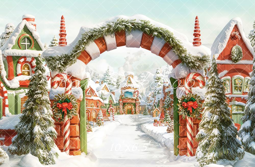 Kate Weihnachten Zuckerstangenbogen Dorf Winter Fleece Hintergrund Entworfen von Chain - Kate Backdrop.de
