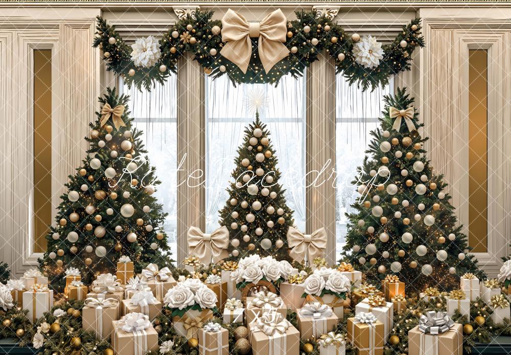 Kate Weihnachten Tannenbaum Geschenkboxen Gold Weiß Hintergrund Entworfen von Mini MakeBelieve - Kate Backdrop.de
