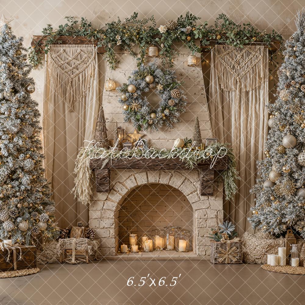 Kate Weihnachten Kamin Weihnachtsbäume Beige Hintergrund Entworfen von Emetselch - Kate Backdrop.de