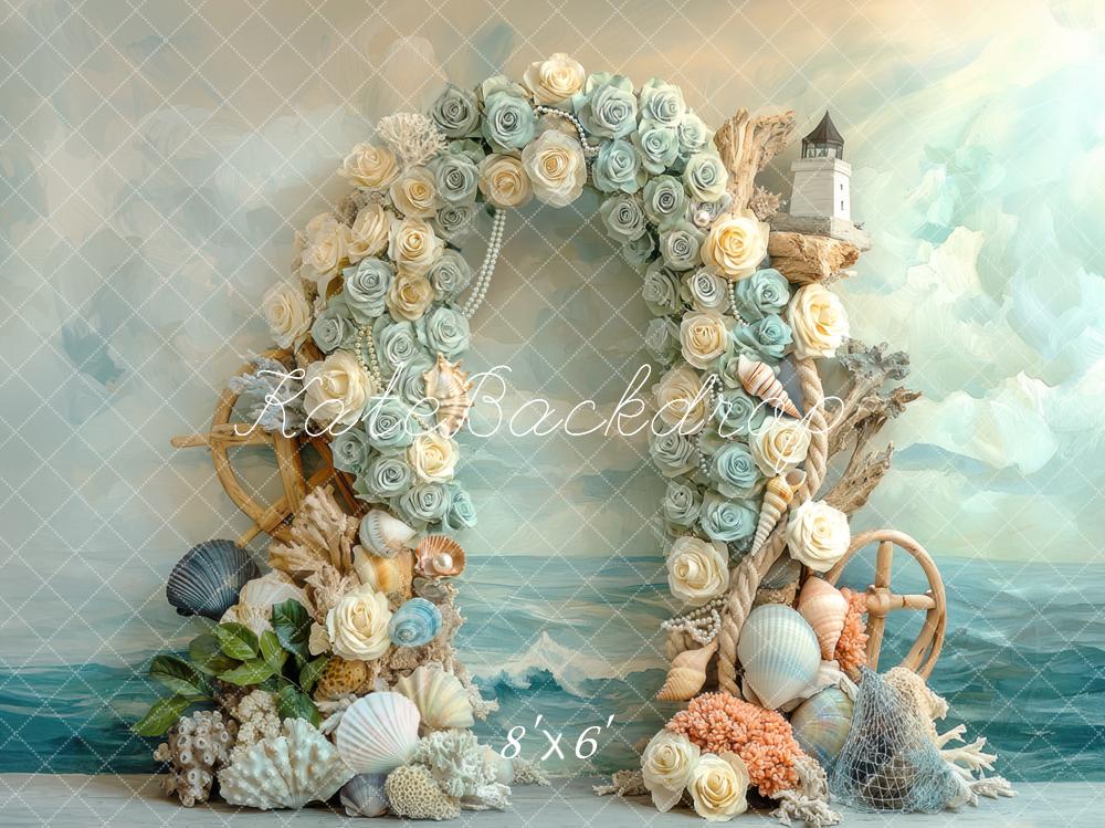 Kate Flower Bogen Muscheln Leuchtturm Pastell Hintergrund Entworfen von Mini MakeBelieve - Kate Backdrop.de