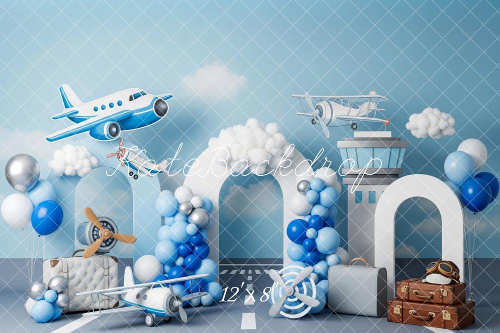 Kate Kinder Flugzeug Ballons Blau Hintergrund Entworfen von Patty Roberts
