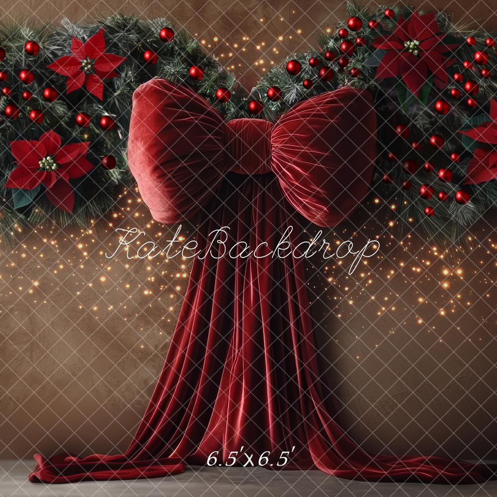 Kate Weihnachten Rote Schleife Tannenzweige Braun Hintergrund Entworfen von Mini MakeBelieve - Kate Backdrop.de