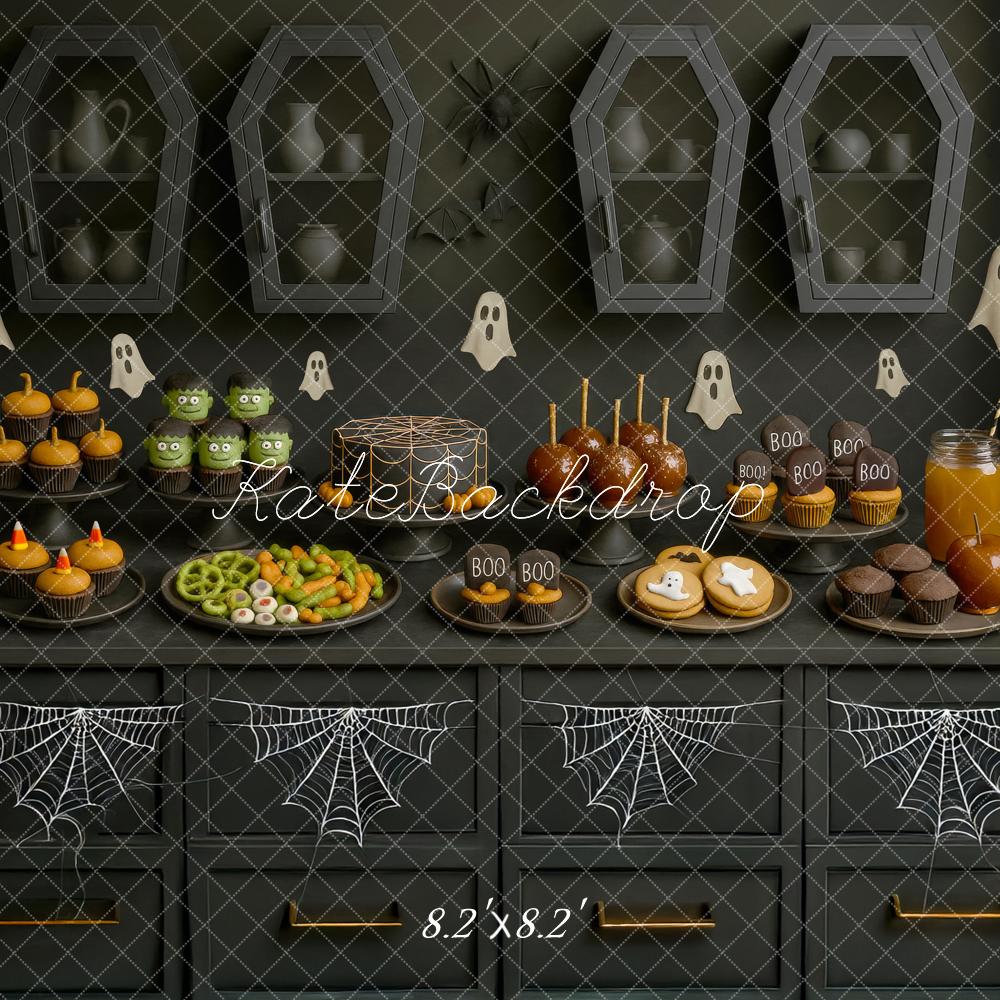 Kate Halloween Snacktisch Särge Geister Schwarz Hintergrund Entworfen von Mini MakeBelieve - Kate Backdrop.de