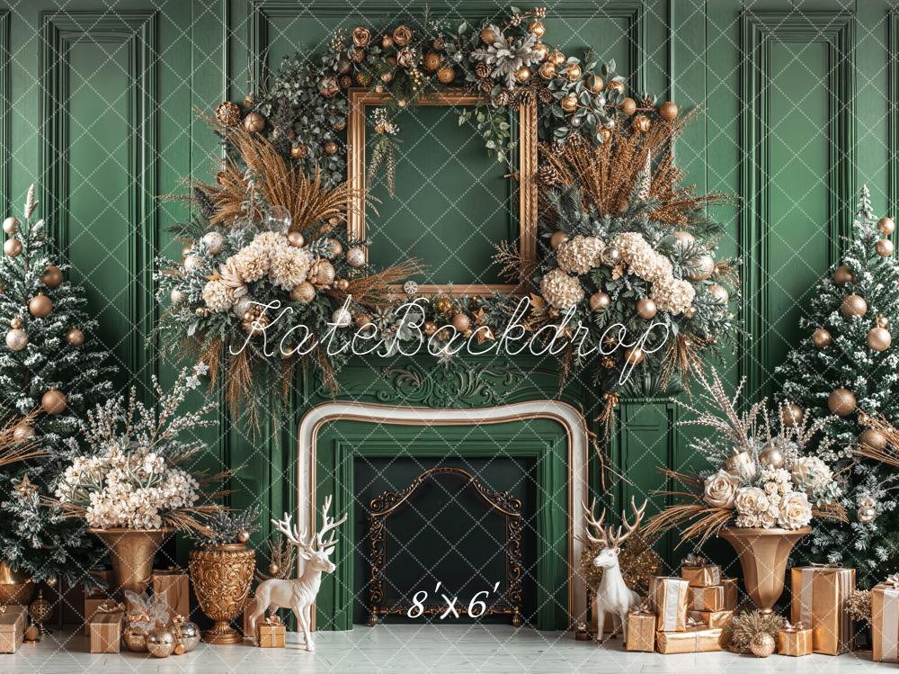 Kate Weihnachten Kamin Tannenbaum Grün Gold Hintergrund Entworfen von Emetselch - Kate Backdrop.de