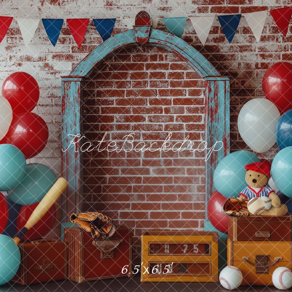 Kate Kinder Baseball Ballons Backstein Vintage Hintergrund Entworfen von Mini MakeBelieve - Kate Backdrop.de