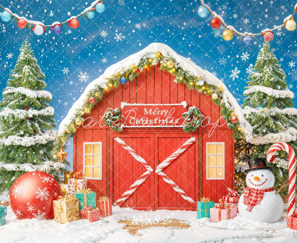 Kate Weihnachten Rote Scheune Schneemann Schnee Hintergrund Entworfen von Chain - Kate Backdrop.de