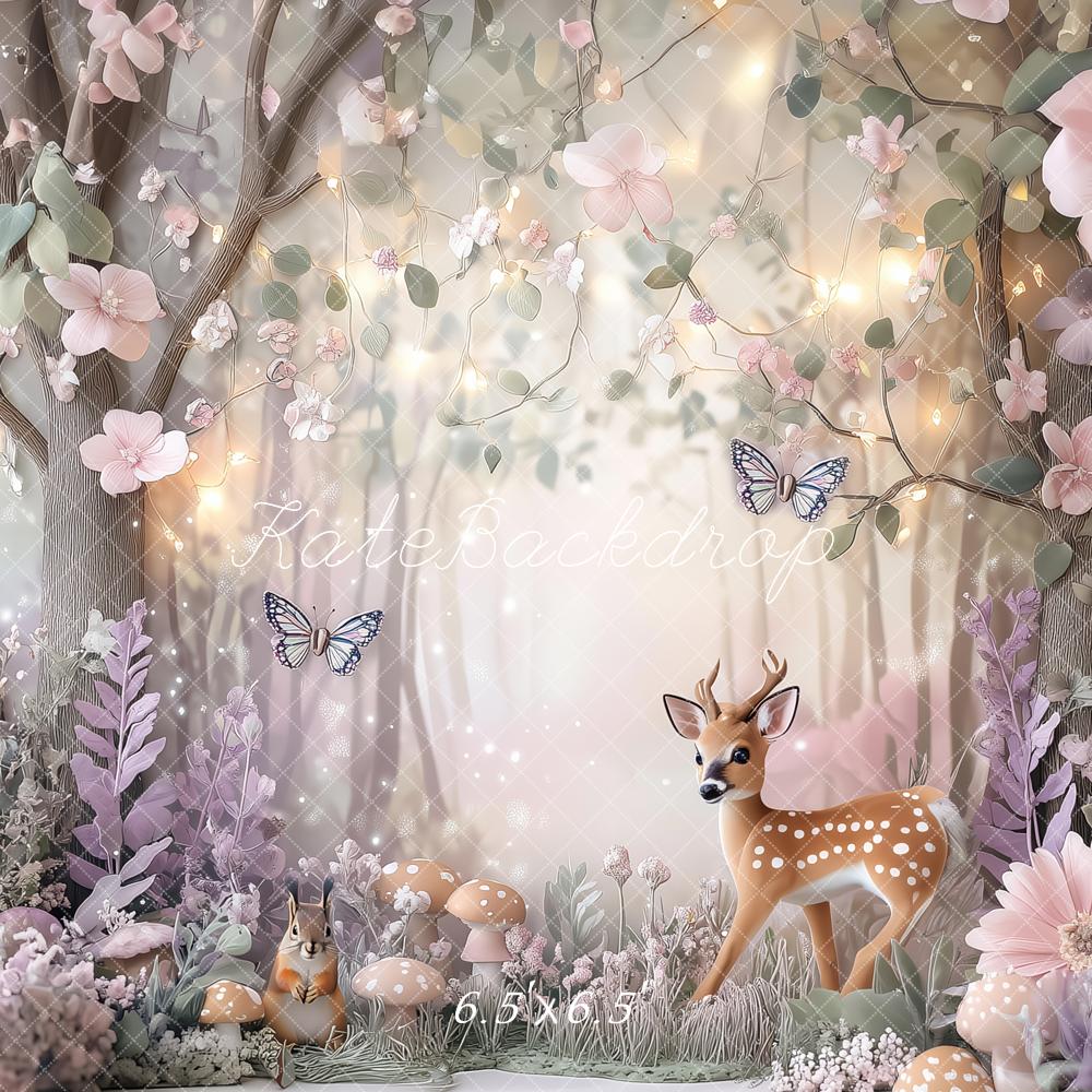 Kate Märchenwald Reh Schmetterlinge Blumen Pastell Hintergrund Entworfen von Patty Roberts - Kate Backdrop.de