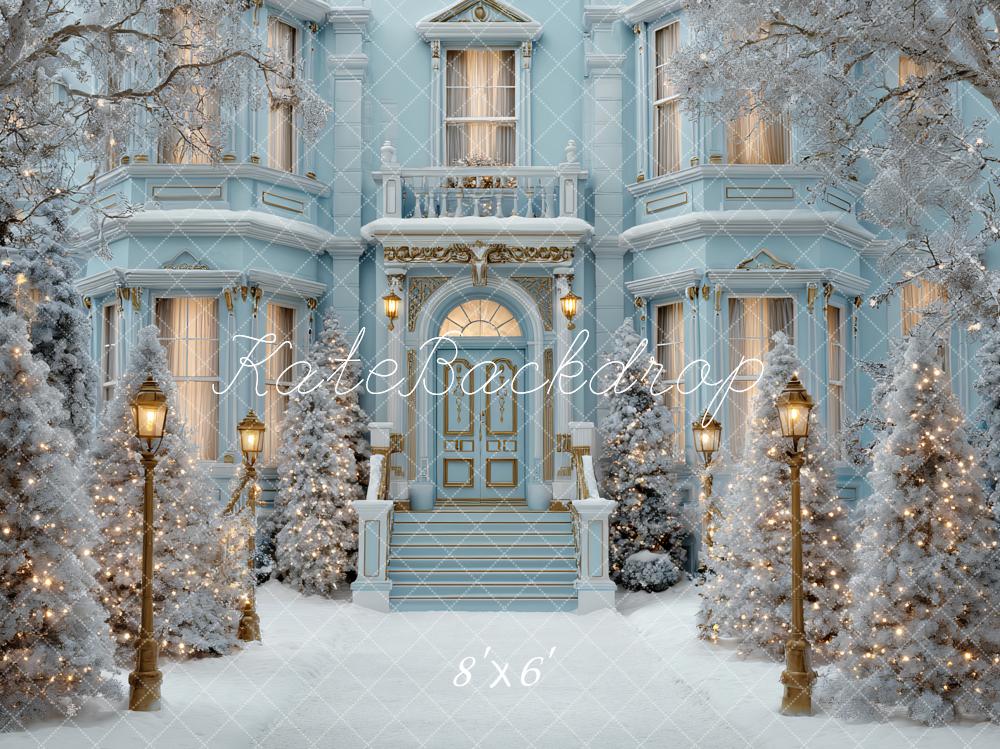 Kate Weihnachten Winterhaus Schnee Blau Hintergrund Entworfen von Ashley Paul