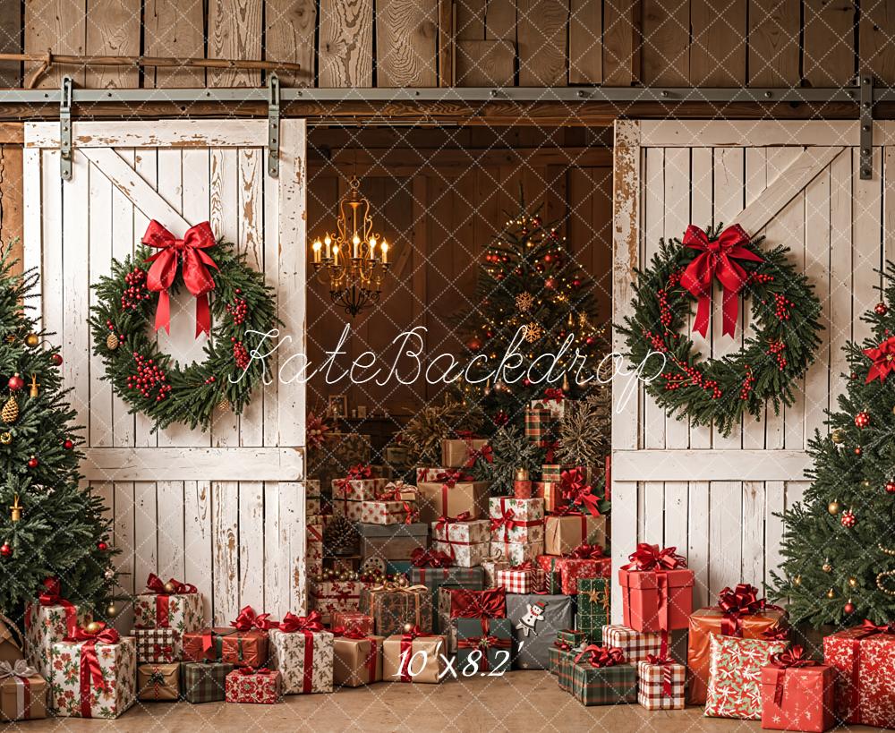 Kate Weihnachten Scheune Geschenke Tannengrün Hintergrund Entworfen von Emetselch - Kate Backdrop.de