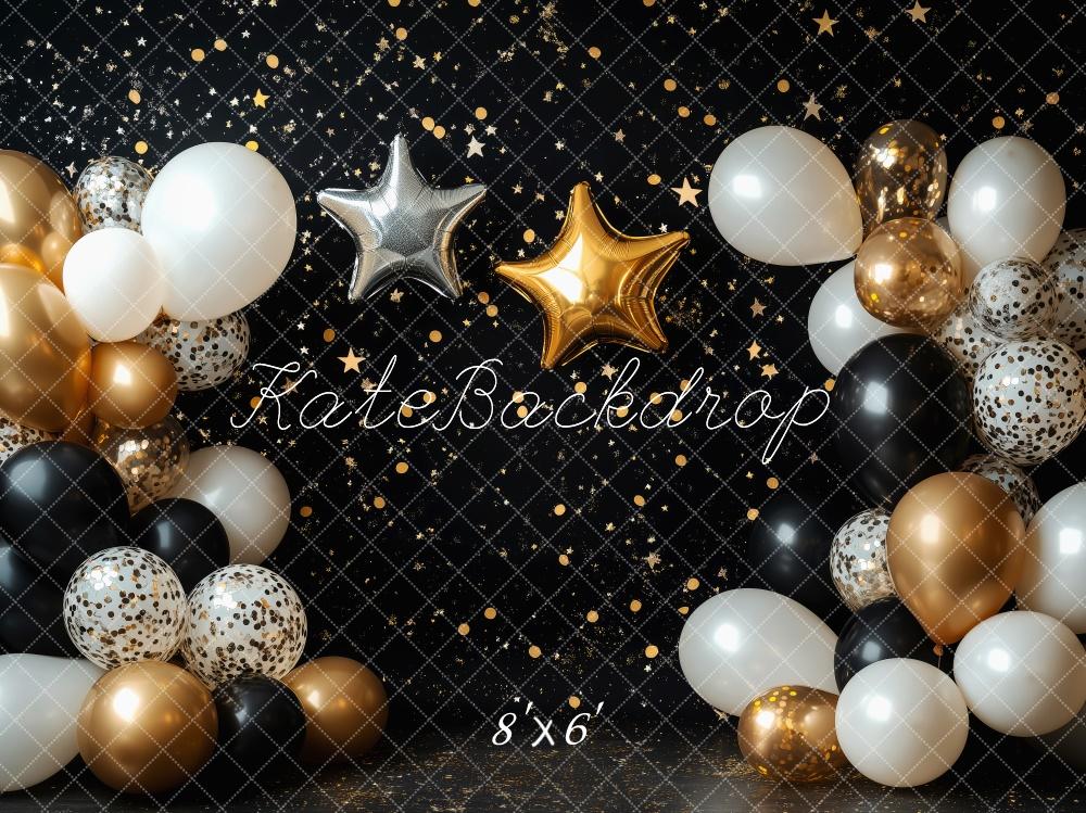 Kate Geburtstag Ballons Sterne Schwarz Gold Hintergrund Entworfen von Patty Roberts - Kate Backdrop.de