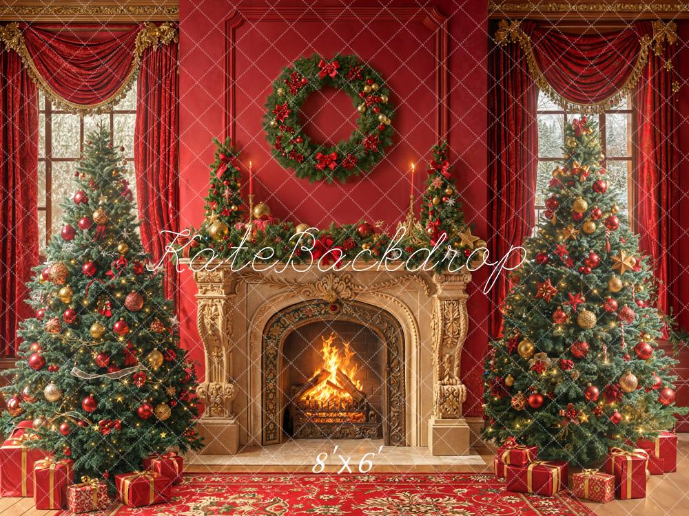 Kate Weihnachten Kamin Weihnachtsbaum Rot Fleece Hintergrund Entworfen von Emetselch - Kate Backdrop.de
